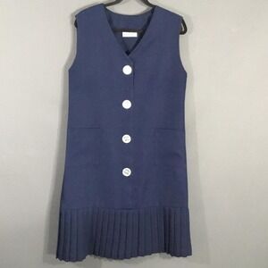 Vintage Just Ducky Dress Womens Large Blue V Neck Shift Pleated Button Front USA